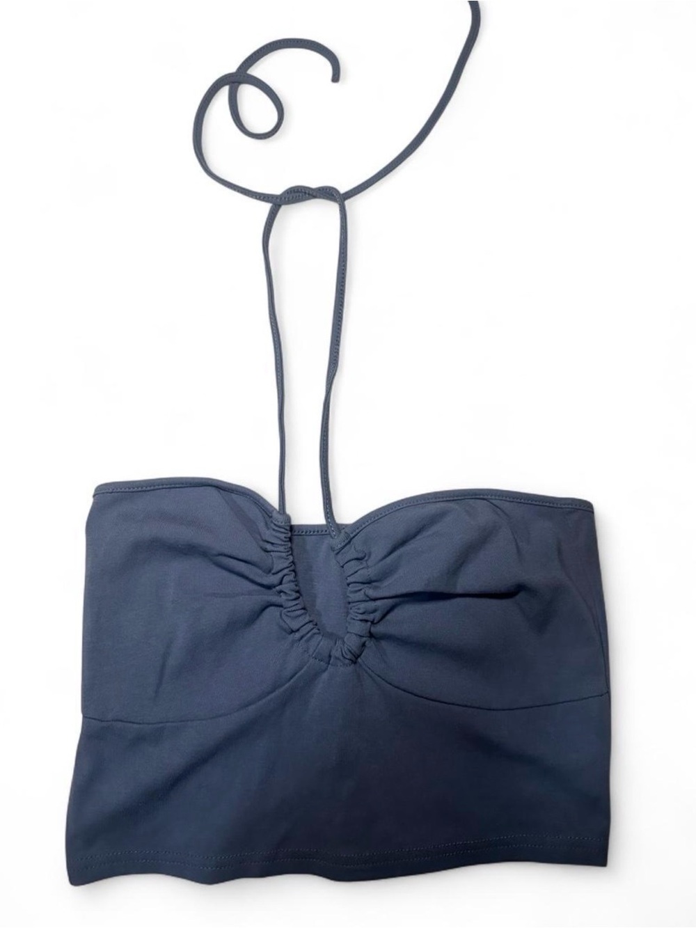 Blue strapless crop top with tie back